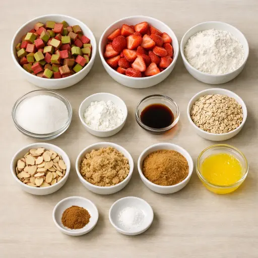 Ingredients for Rhubarb Strawberry Almond Crisp