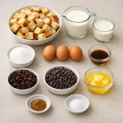 Ingredients for Rum Raisin Chocolate Chip Bread Pudding