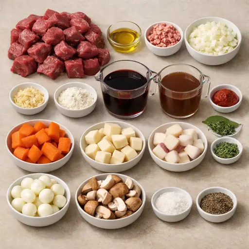 Ingredients for Rustic Beef Bourguignon with Root Vegetables