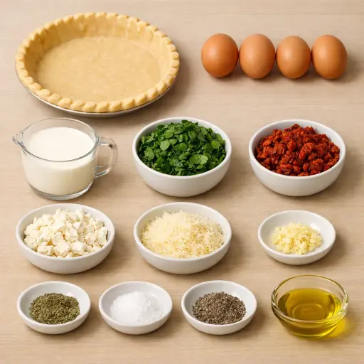 Ingredients for Rustic Spinach and Sundried Tomato Quiche