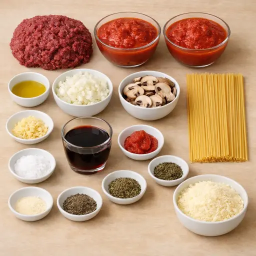Ingredients for Rustic Woodland Spaghetti Meat Sauce