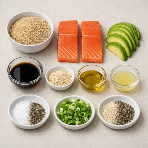 Ingredients for Salmon & Avocado Rice Bowl
