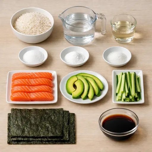 Ingredients for Salmon and Avocado Sushi Rolls