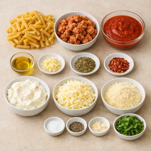 Ingredients for Savory Baked Ziti with Spicy Chicken Sausage