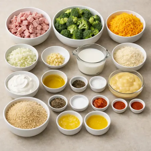 Ingredients for Savory Cheesy Ham and Broccoli Casserole
