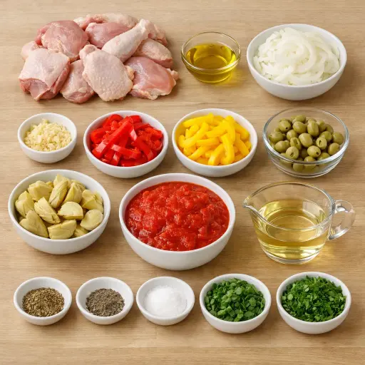 Ingredients for Savory Chicken Cacciatore with Olives and Artichokes