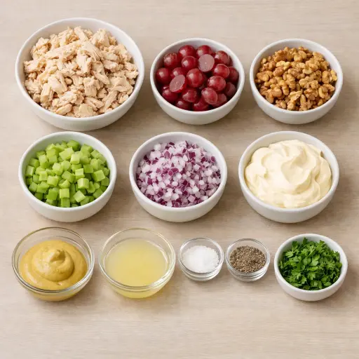 Ingredients for Savory Chicken Salad with Grapes and Walnuts