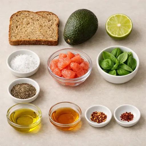 Ingredients for Savory Citrus Avocado Toast with Basil Drizzle
