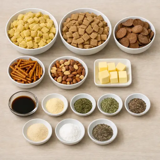 Ingredients for Savory Herb Chex Snack Mix