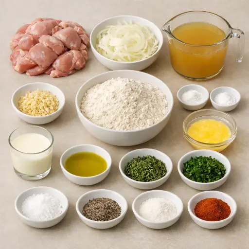 Ingredients for Savory Herb Chicken and Dumplings with Caramelized Onions