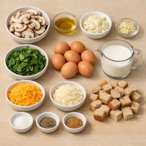 Ingredients for Savory Mushroom and Spinach Breakfast Casserole