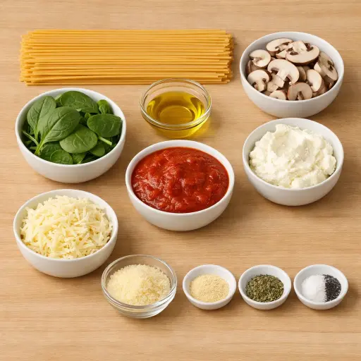 Ingredients for Savory Mushroom and Spinach Spaghetti Casserole