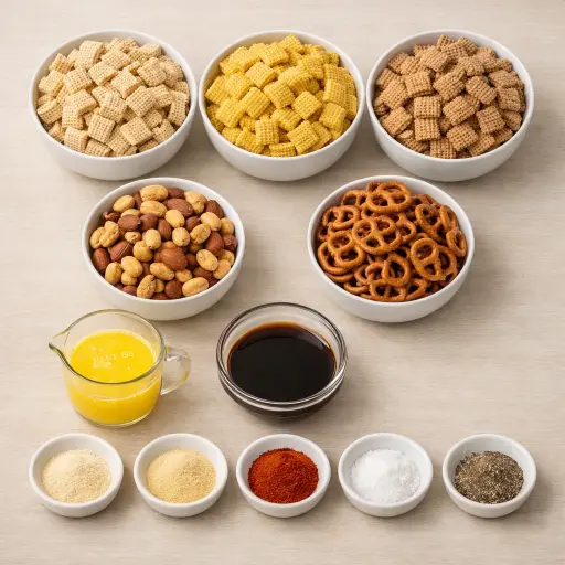 Ingredients for Savory Nutty Chex Mix