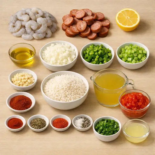 Ingredients for Savory Shrimp and Andouille Jambalaya
