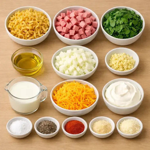 Ingredients for Savory Spinach and Ham Noodle Casserole