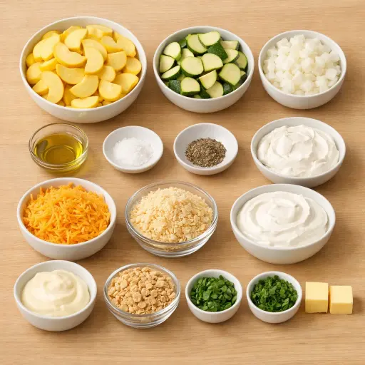 Ingredients for Savory Yellow Squash Casserole with Herb Crunch