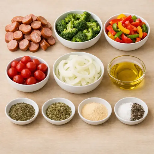 Ingredients for Sheet Pan Veggie and Sausage Bake
