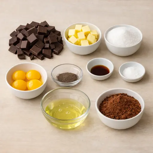 Ingredients for Silken Delight Flourless Chocolate Cake