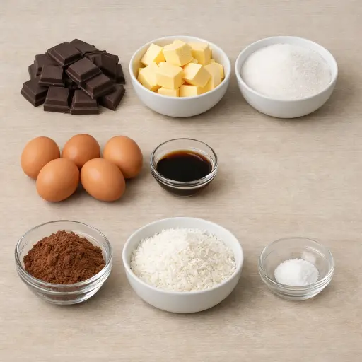 Ingredients for Silky Flourless Chocolate & Coconut Cake