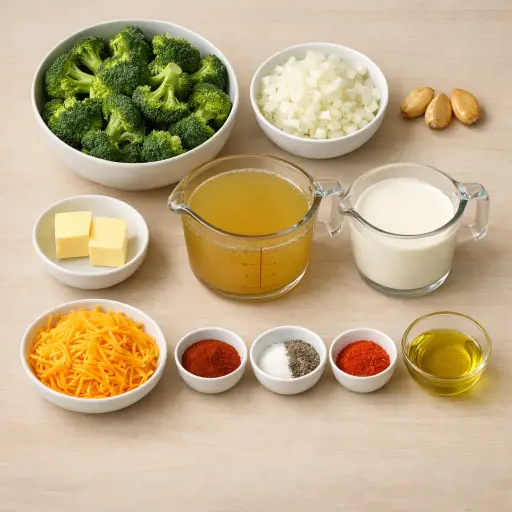 Ingredients for Smoky Broccoli Cheddar Soup with Roasted Garlic