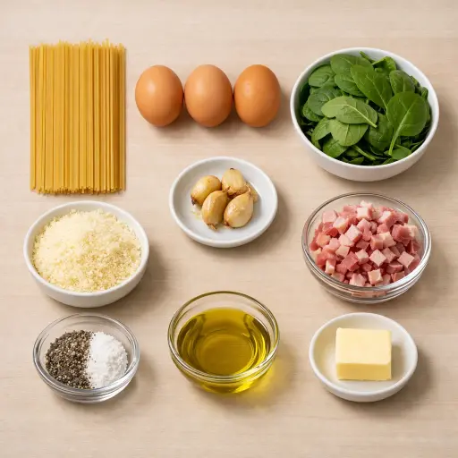 Ingredients for Spaghetti Carbonara with Roasted Garlic and Spinach