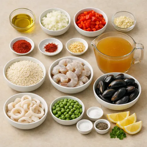 Ingredients for Spanish Paella with Seafood