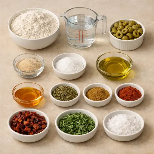 Ingredients for Spiced Herb Focaccia with Olives and Sun-dried Tomatoes