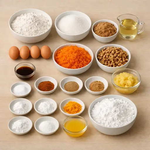 Ingredients for Spiced Walnut Carrot Cake with Citrus Glaze
