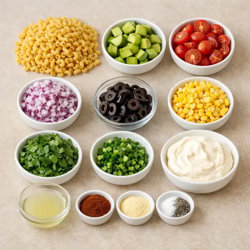 Ingredients for Spicy Avocado Macaroni Salad