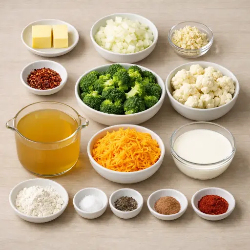 Ingredients for Spicy Broccoli Cheddar and Cauliflower Soup