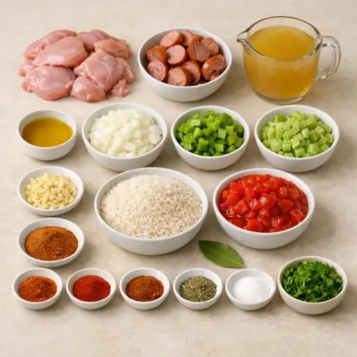Ingredients for Spicy Creole Chicken and Sausage Jambalaya