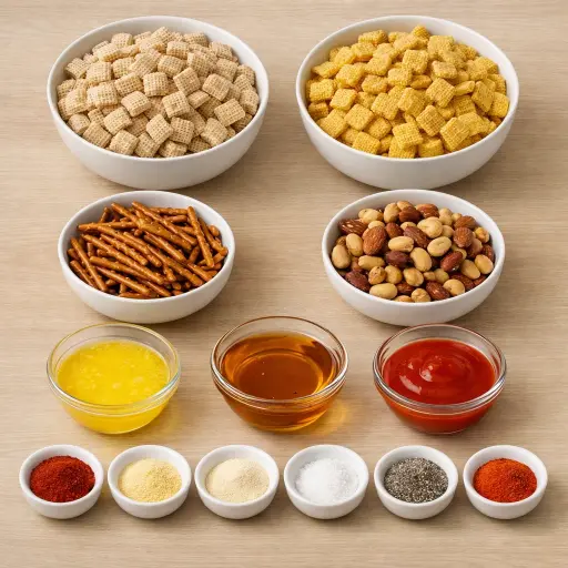 Ingredients for Spicy Honey Sriracha Chex Mix