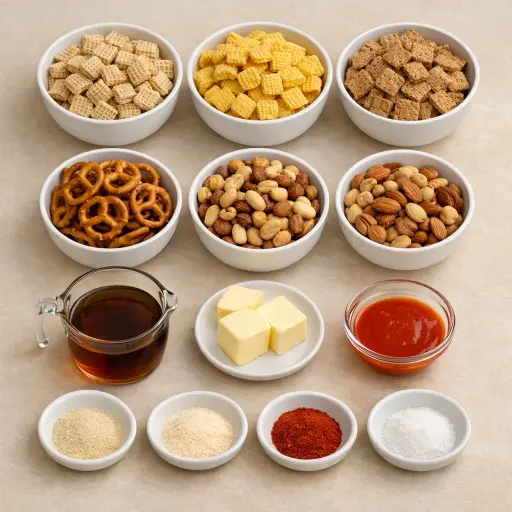 Ingredients for Spicy Maple Chex Mix
