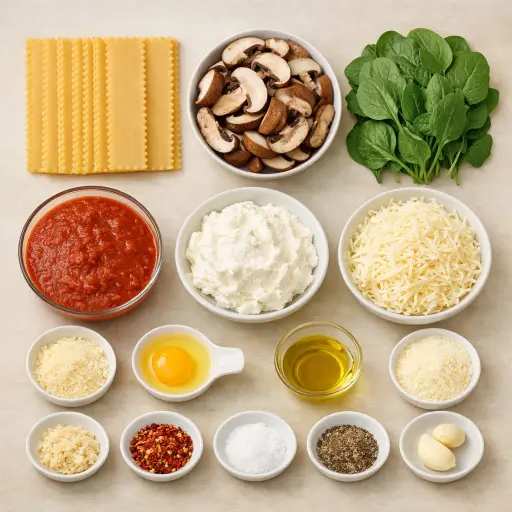 Ingredients for Spicy Mushroom & Spinach Lasagna