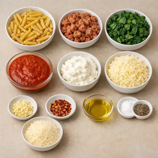 Ingredients for Spicy Sausage and Kale Baked Ziti