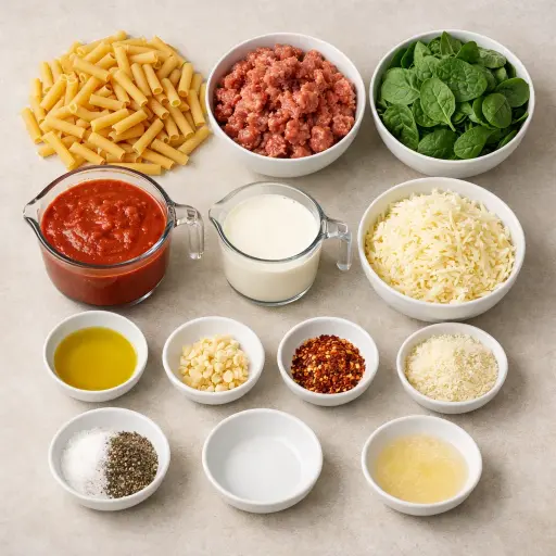 Ingredients for Spicy Sausage and Spinach Baked Ziti