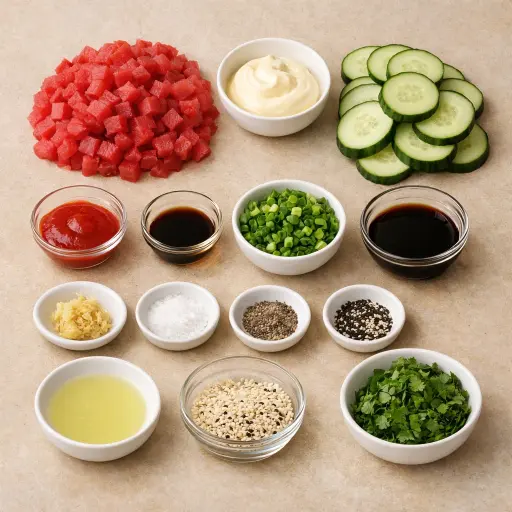Ingredients for Spicy Tuna Tartare on Cucumber Rounds