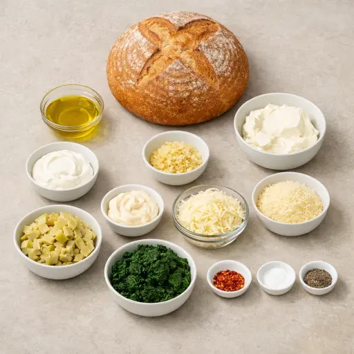 Ingredients for Spinach and Artichoke Bread Bowl