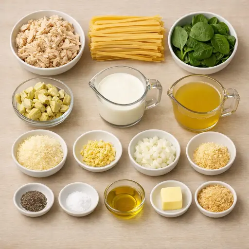 Ingredients for Spinach and Artichoke Chicken Tetrazzini