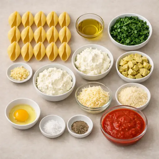 Ingredients for Spinach and Artichoke Stuffed Shells