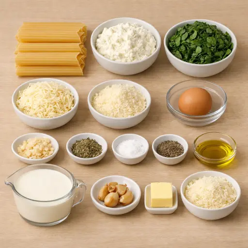 Ingredients for Spinach and Ricotta Stuffed Manicotti with Roasted Garlic Alfredo