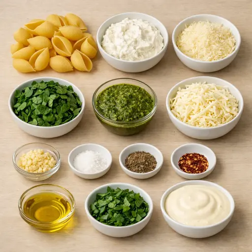 Ingredients for Spinach and Ricotta Stuffed Shells with Pesto Alfredo