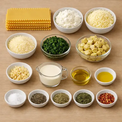 Ingredients for Spinach Artichoke Pasta Lasagna