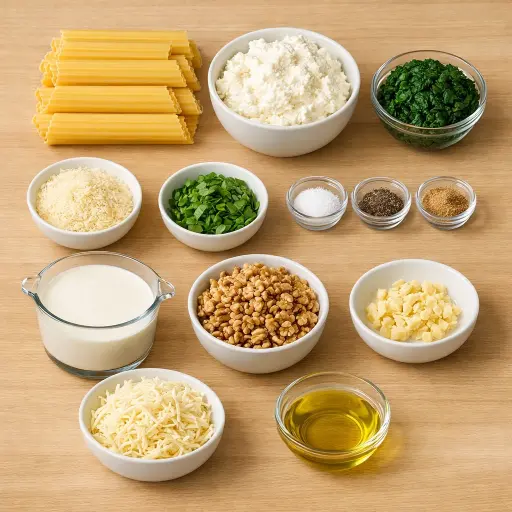 Ingredients for Spinach Ricotta Manicotti with Walnut Cream Sauce
