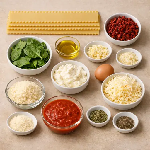 Ingredients for Sun-Dried Tomato & Spinach Lasagna