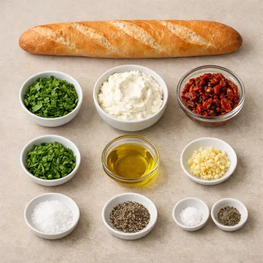 Ingredients for Sun-Dried Tomato and Basil Ricotta Bruschetta