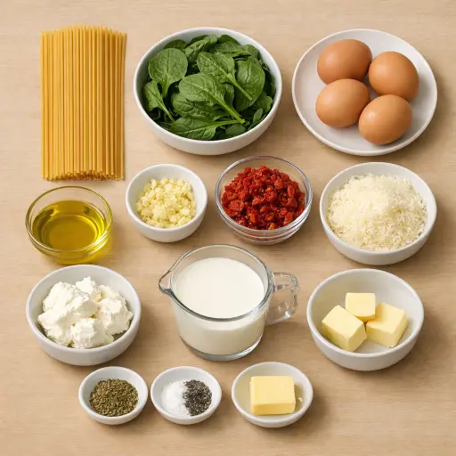 Ingredients for Sun-Dried Tomato and Spinach Spaghetti Pie