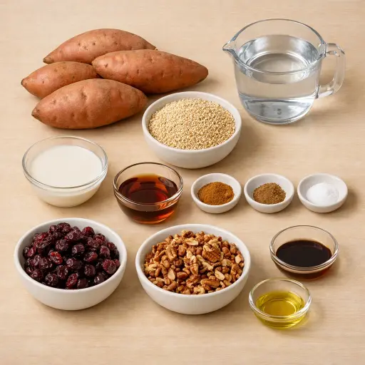 Ingredients for Sweet Potato & Quinoa Casserole with Cranberry Pecan Crust