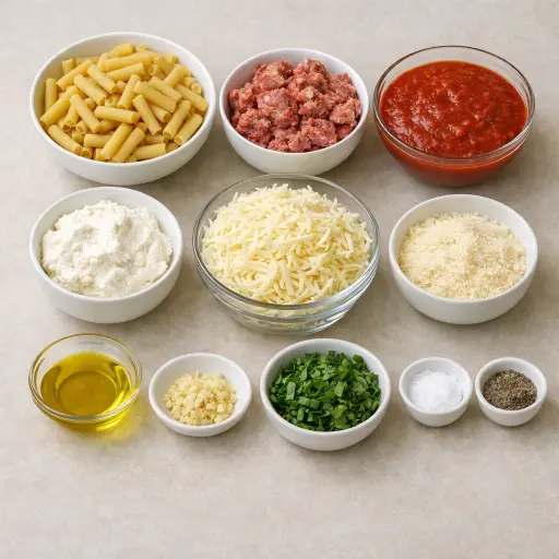 Ingredients for Traditional Baked Ziti with Italian Sausage