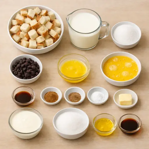 Ingredients for Traditional Bread Pudding with Cream Sauce